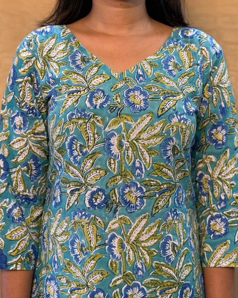 Husn - Hand Block Printed Blue & Green Kurta