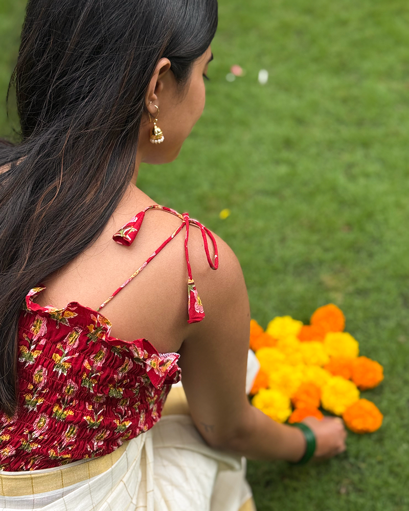 Pookal - Hand Block Printed Red Tie-up Blouse