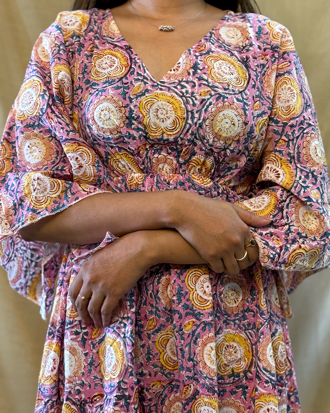 Leher - Hand Block Printed Pink Kaftan Dress