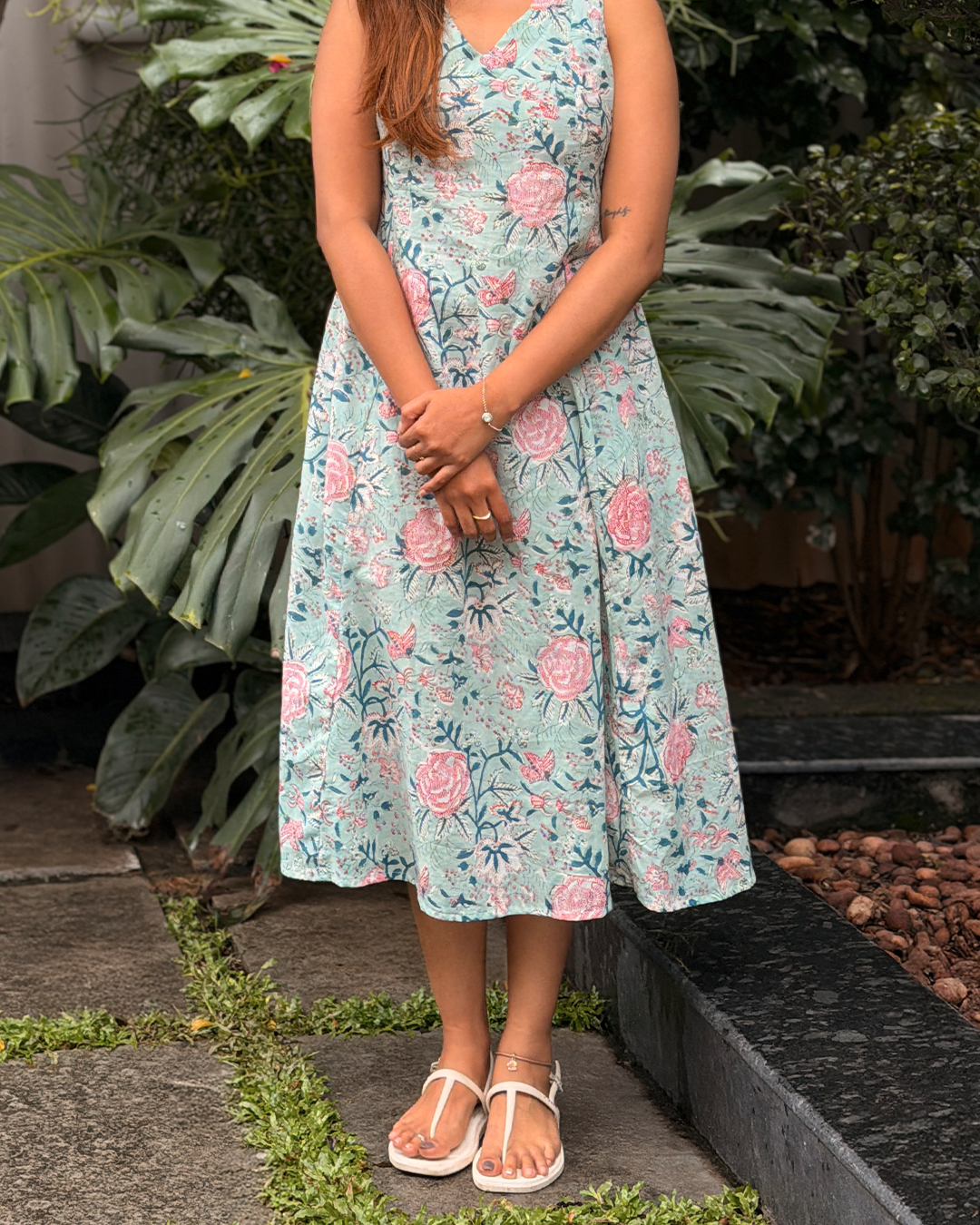 Muskaan - Hand Block Printed Light Blue A-line Dress