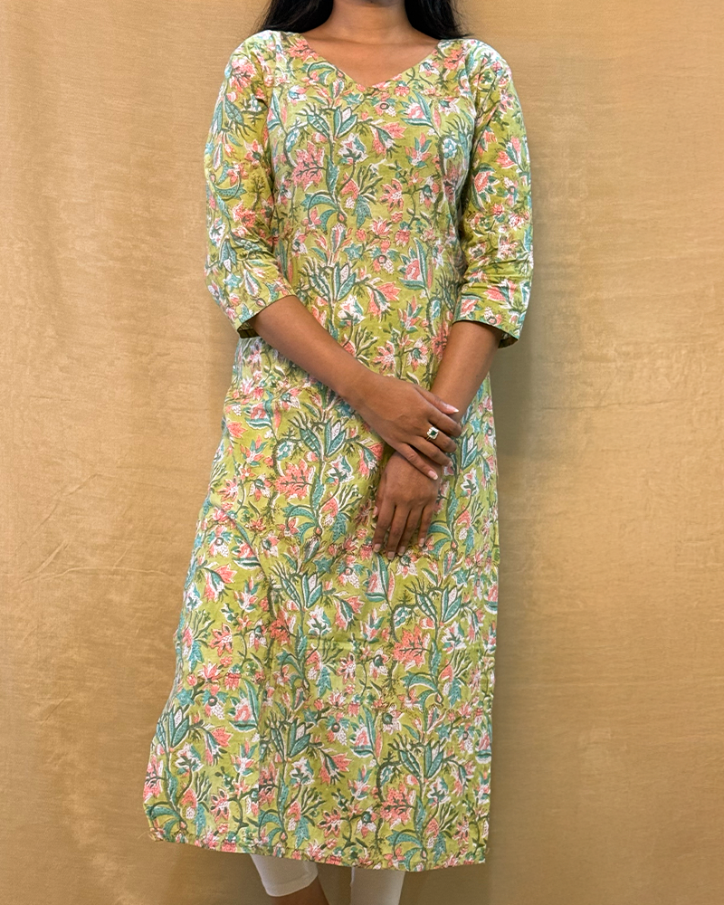 Husn - Hand Block Printed Light Green Kurta
