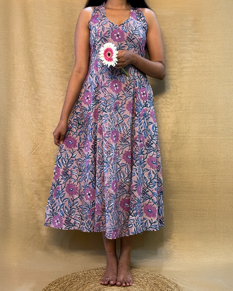 Muskaan - Hand Block Printed Lavender A-line Dress