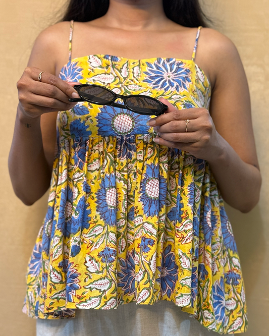 Sapna - Hand Block Printed Yellow Peplum Top