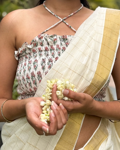 Pookal - Hand Block Printed White Tie-up Blouse