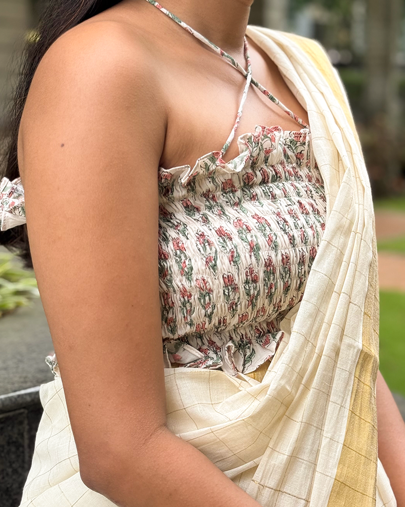 Pookal - Hand Block Printed White Tie-up Blouse