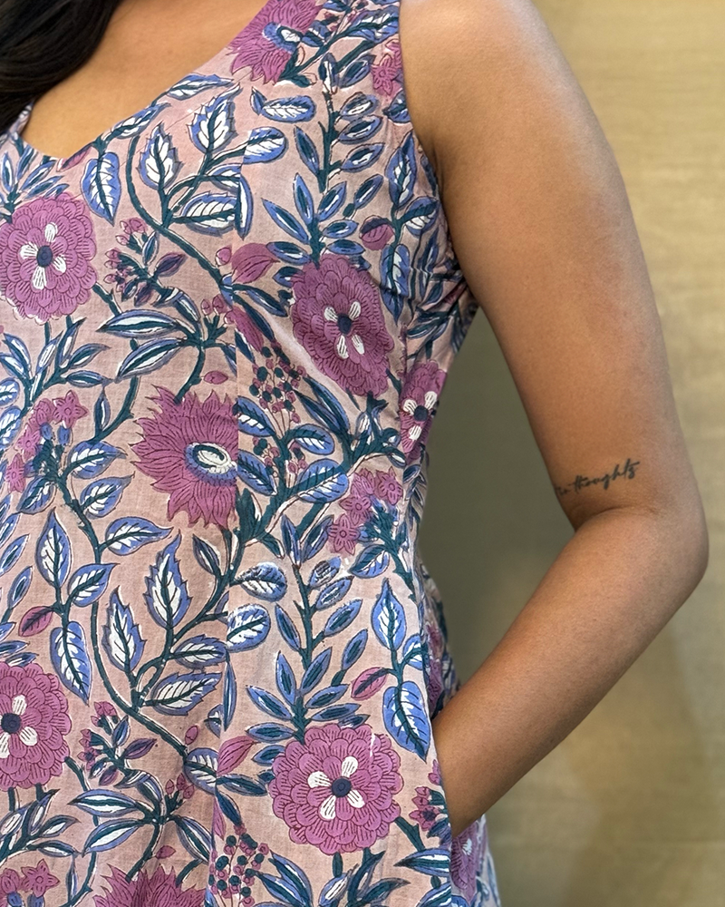 Muskaan - Hand Block Printed Lavender A-line Dress