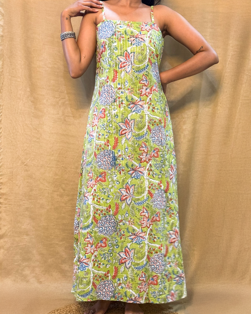 Chamak - Hand Block Printed Green Full Length Dress (with silver stipes)