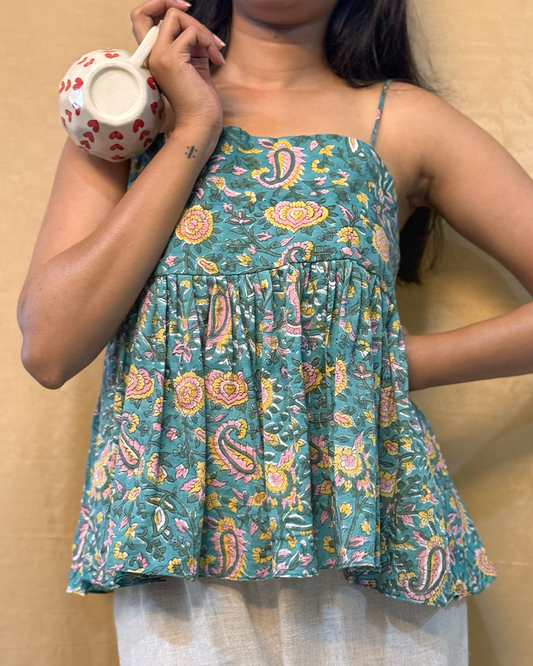 Sapna - Hand Block Printed Blue Peplum Top