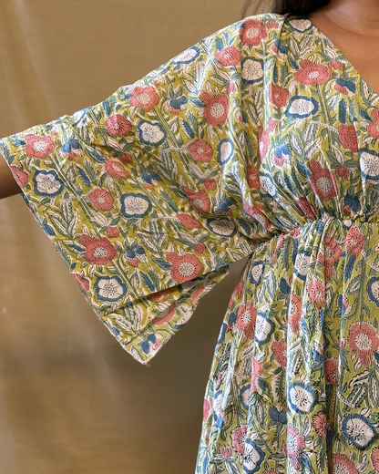 Leher - Hand Block Printed Lime Yellow Kaftan Dress