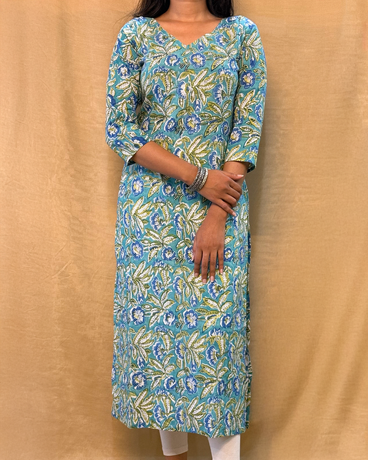 Husn - Hand Block Printed Blue & Green Kurta