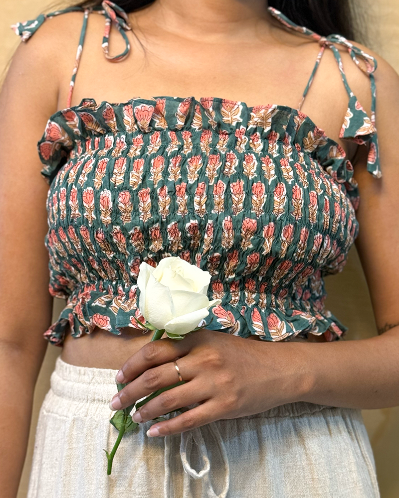 Intehaa - Hand Block Printed Green Tube Top