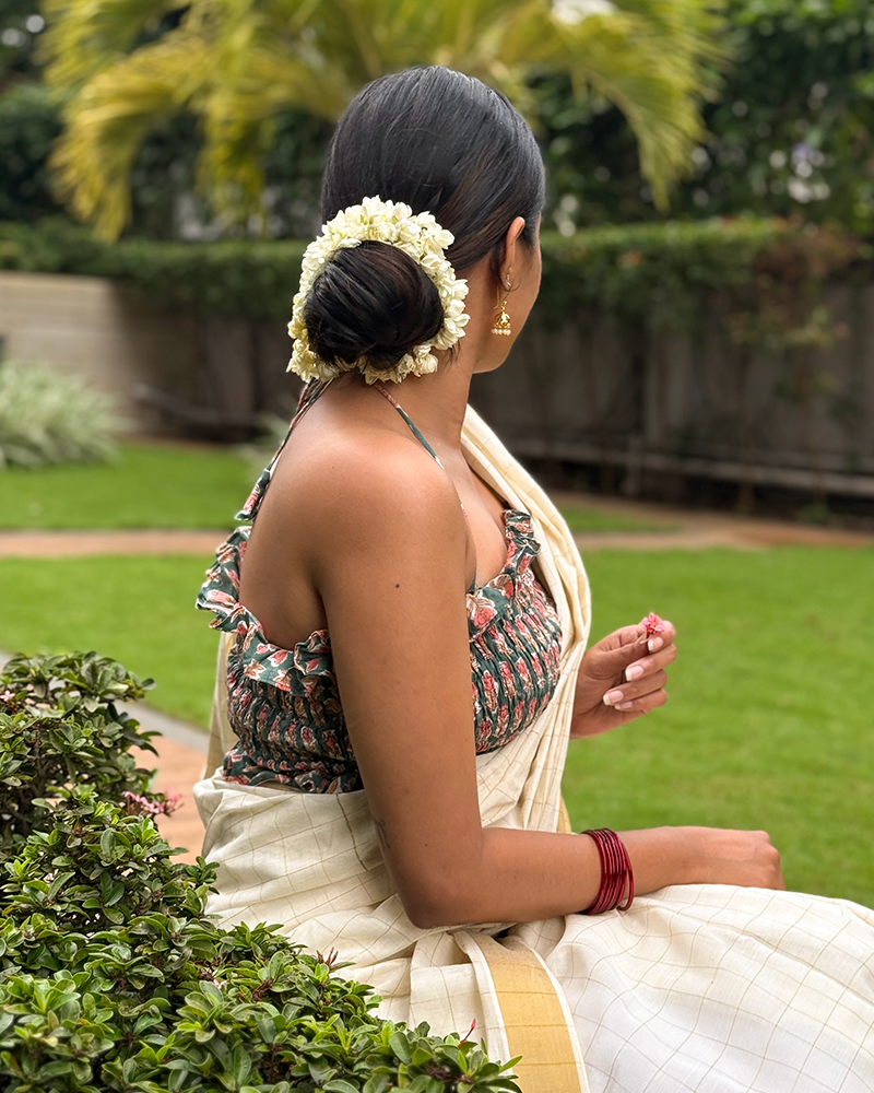 Pookal - Hand Block Printed Green Tie-up Blouse