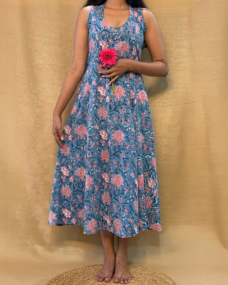 Muskaan - Hand Block Printed Blue & Pink A-line Dress
