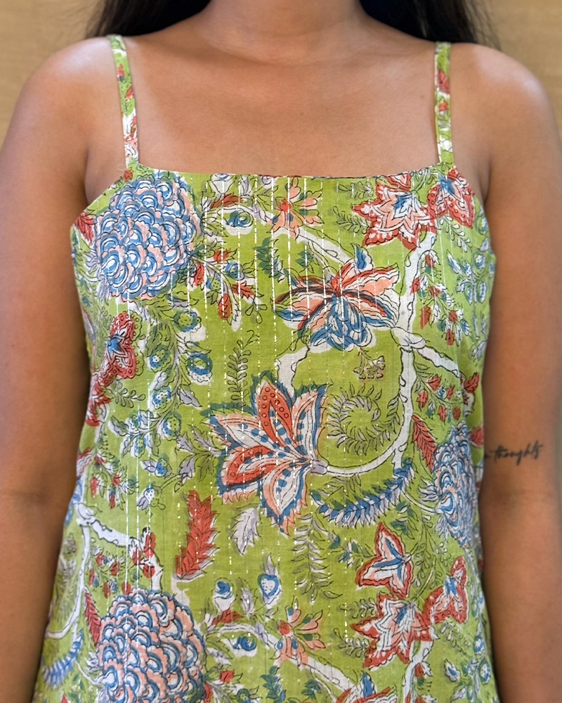 Chamak - Hand Block Printed Green Full Length Dress (with silver stipes)
