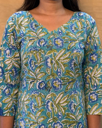 Husn - Hand Block Printed Blue & Green Kurta