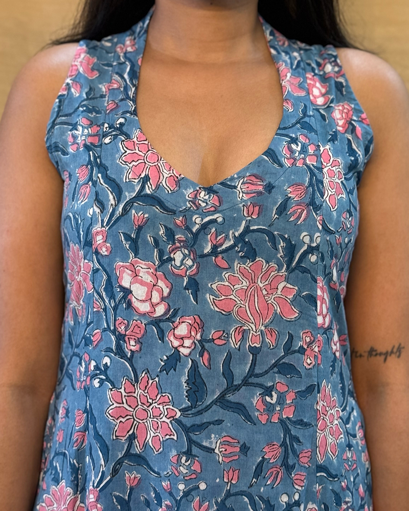 Muskaan - Hand Block Printed Blue & Pink A-line Dress