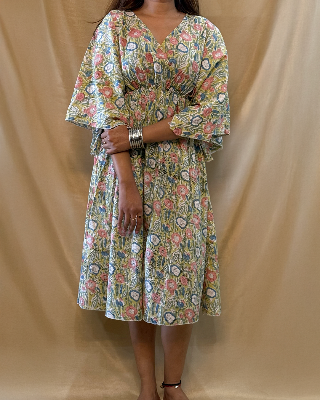 Leher - Hand Block Printed Lime Yellow Kaftan Dress