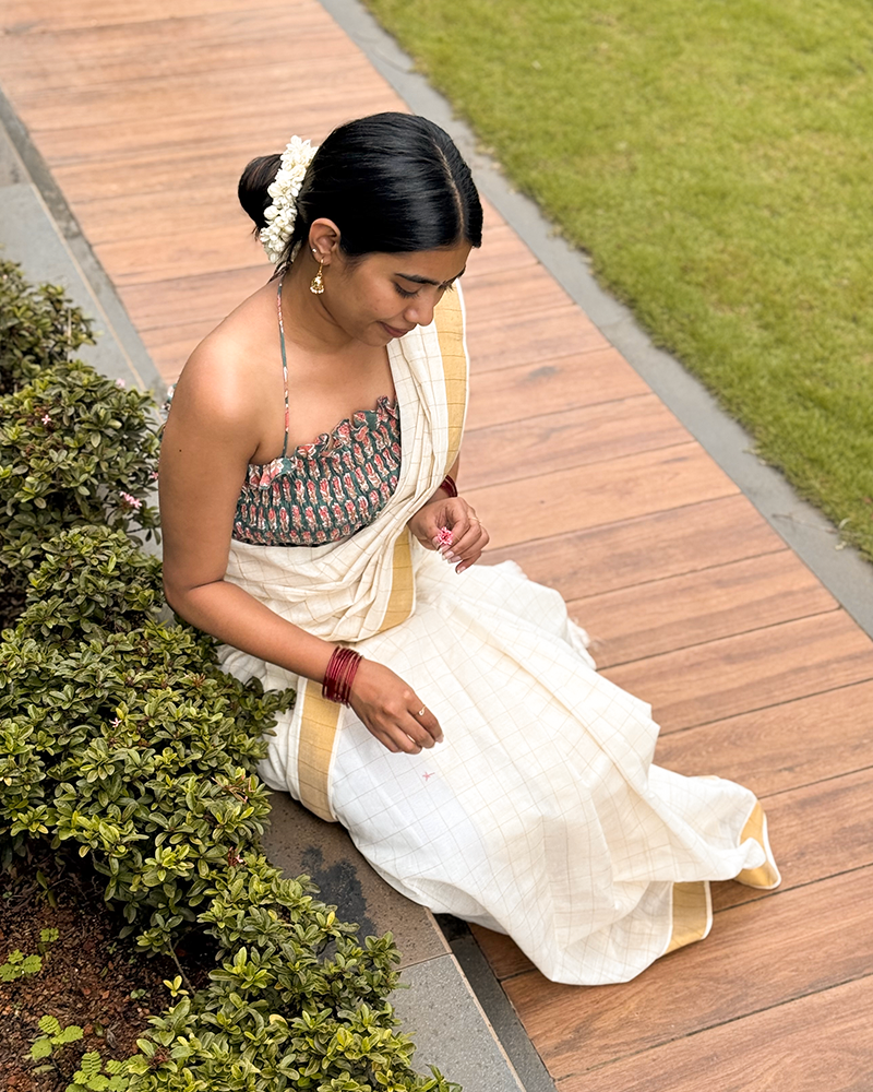 Pookal - Hand Block Printed Green Tie-up Blouse