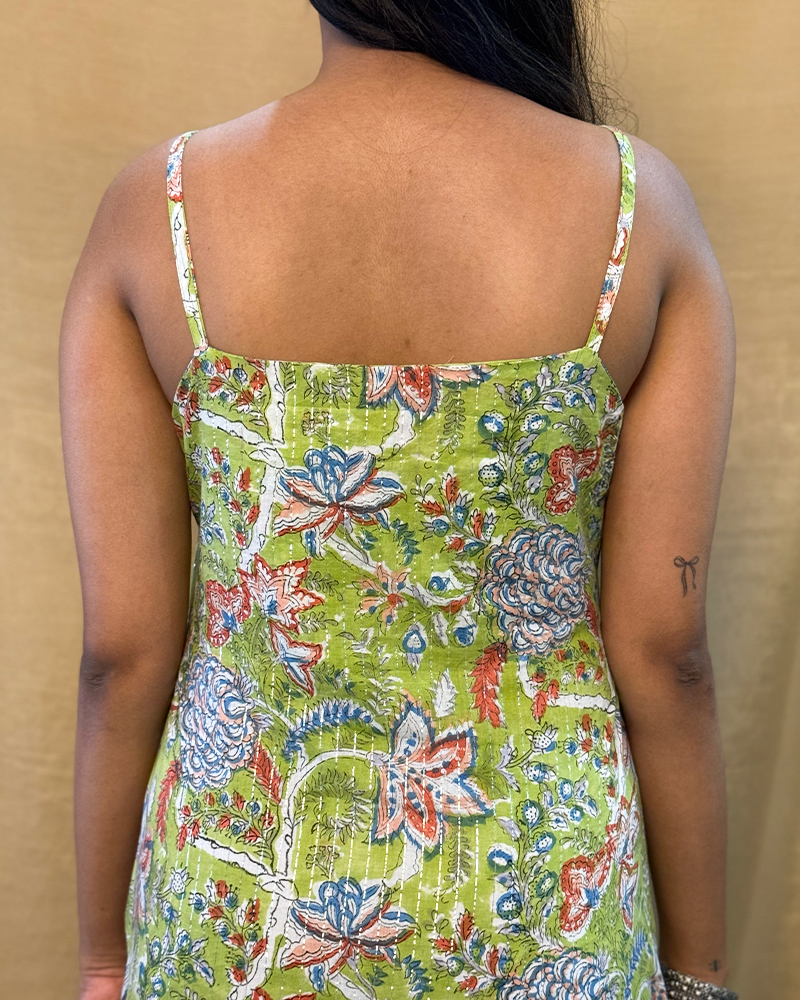 Chamak - Hand Block Printed Green Full Length Dress (with silver stipes)