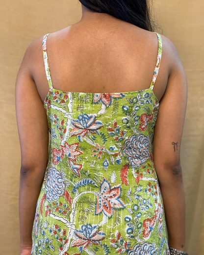 Chamak - Hand Block Printed Green Full Length Dress (with silver stipes)
