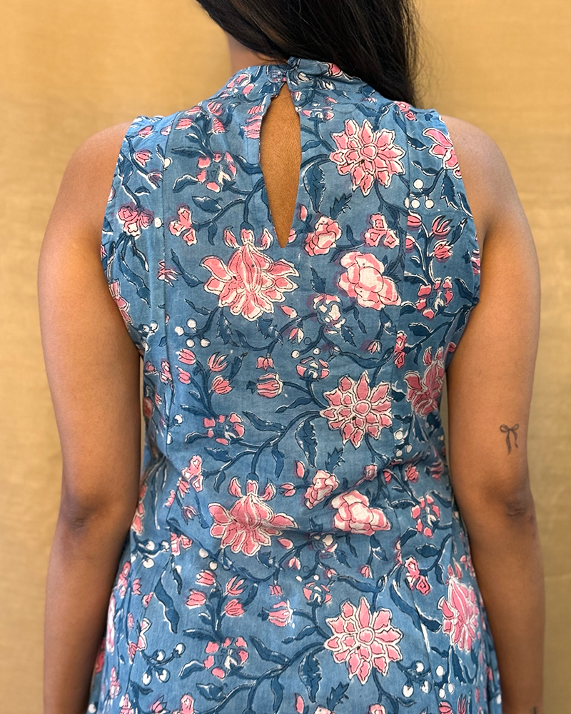 Muskaan - Hand Block Printed Blue & Pink A-line Dress