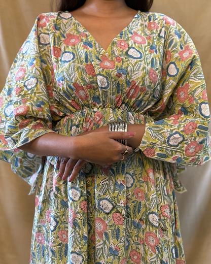 Leher - Hand Block Printed Lime Yellow Kaftan Dress