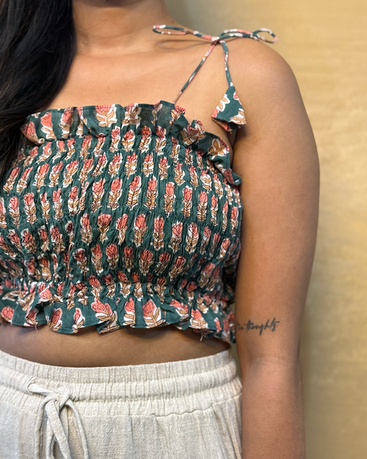 Intehaa - Hand Block Printed Green Tube Top
