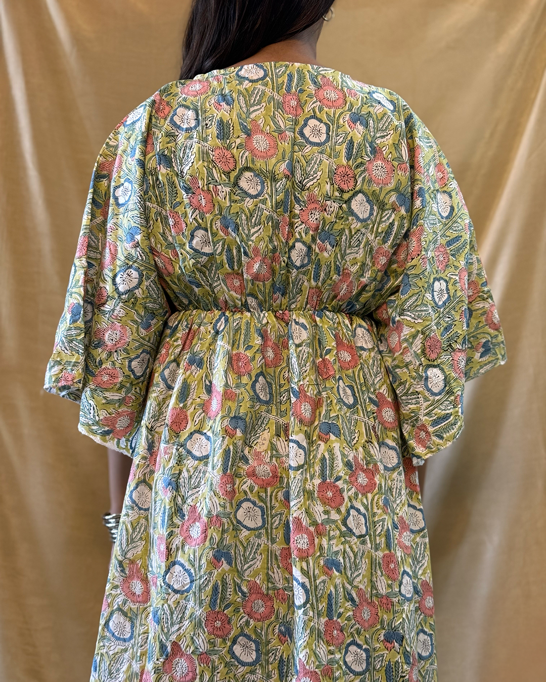 Leher - Hand Block Printed Lime Yellow Kaftan Dress