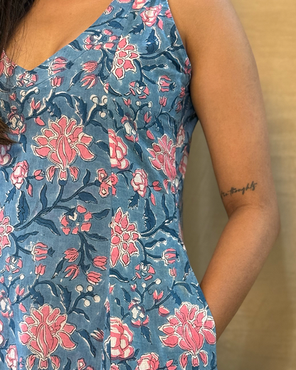 Muskaan - Hand Block Printed Blue & Pink A-line Dress