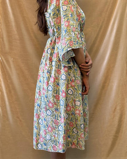 Leher - Hand Block Printed Lime Yellow Kaftan Dress