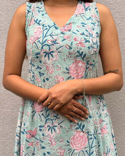 Muskaan - Hand Block Printed Light Blue A-line Dress