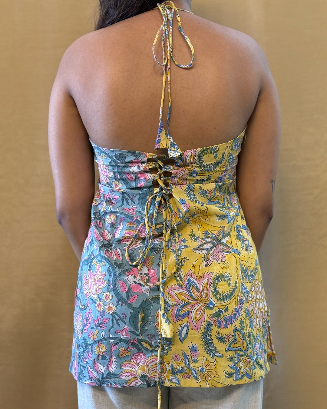 Gul - Hand Block Printed Mustard Yellow & Grey Dual Pattern Short Kurti