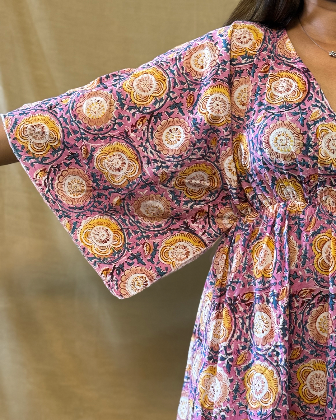 Leher - Hand Block Printed Pink Kaftan Dress