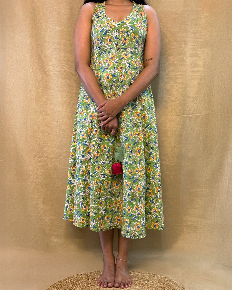 Muskaan - Hand Block Printed Green A-line Dress