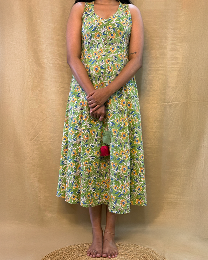 Muskaan - Hand Block Printed Green A-line Dress