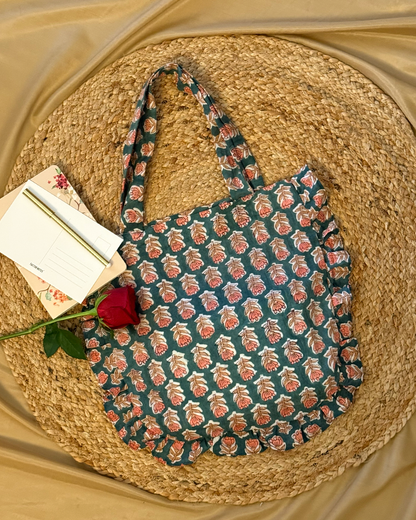 Jhola - Hand Block Printed Green Mini Tote Bag