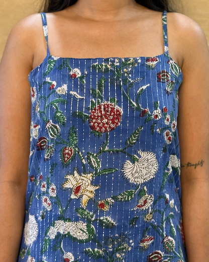 Chamak - Hand Block Printed Blue Full Length Dress (with silver stipes)