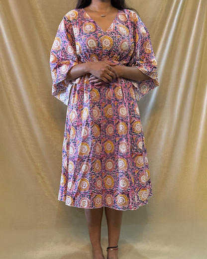 Leher - Hand Block Printed Pink Kaftan Dress