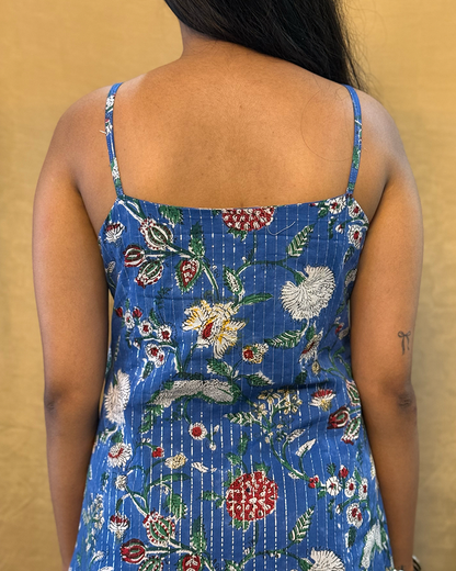 Chamak - Hand Block Printed Blue Full Length Dress (with silver stipes)