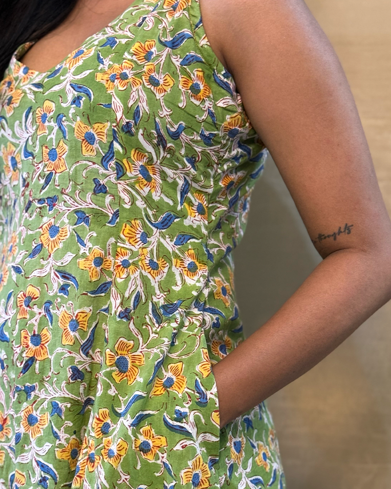 Muskaan - Hand Block Printed Green A-line Dress