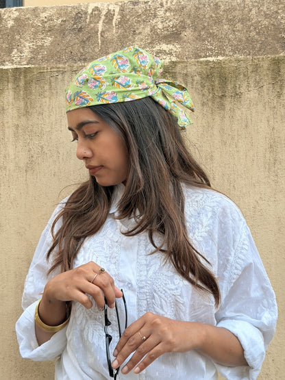 Saanjh - Hand Block Printed Green Head Scarf