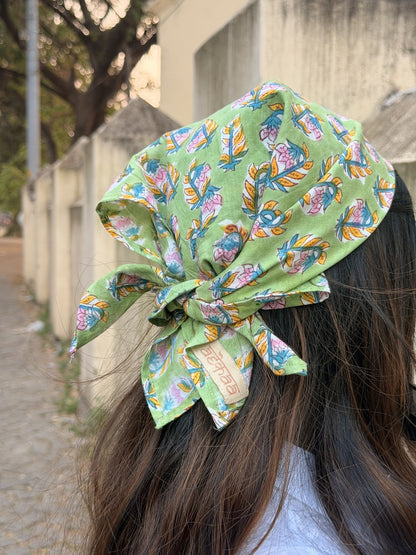 Saanjh - Hand Block Printed Green Head Scarf