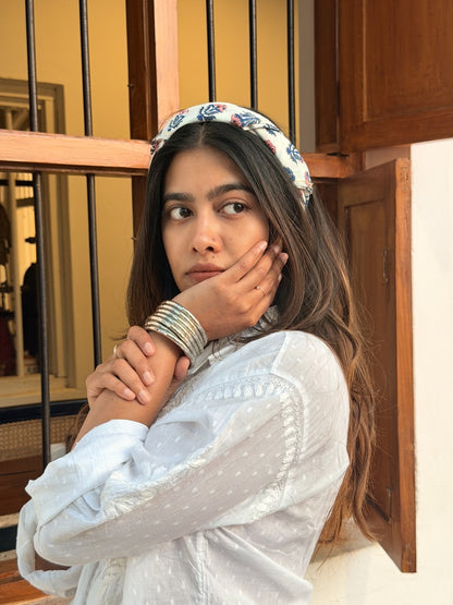 Saanjh - Hand Block Printed White Head Scarf