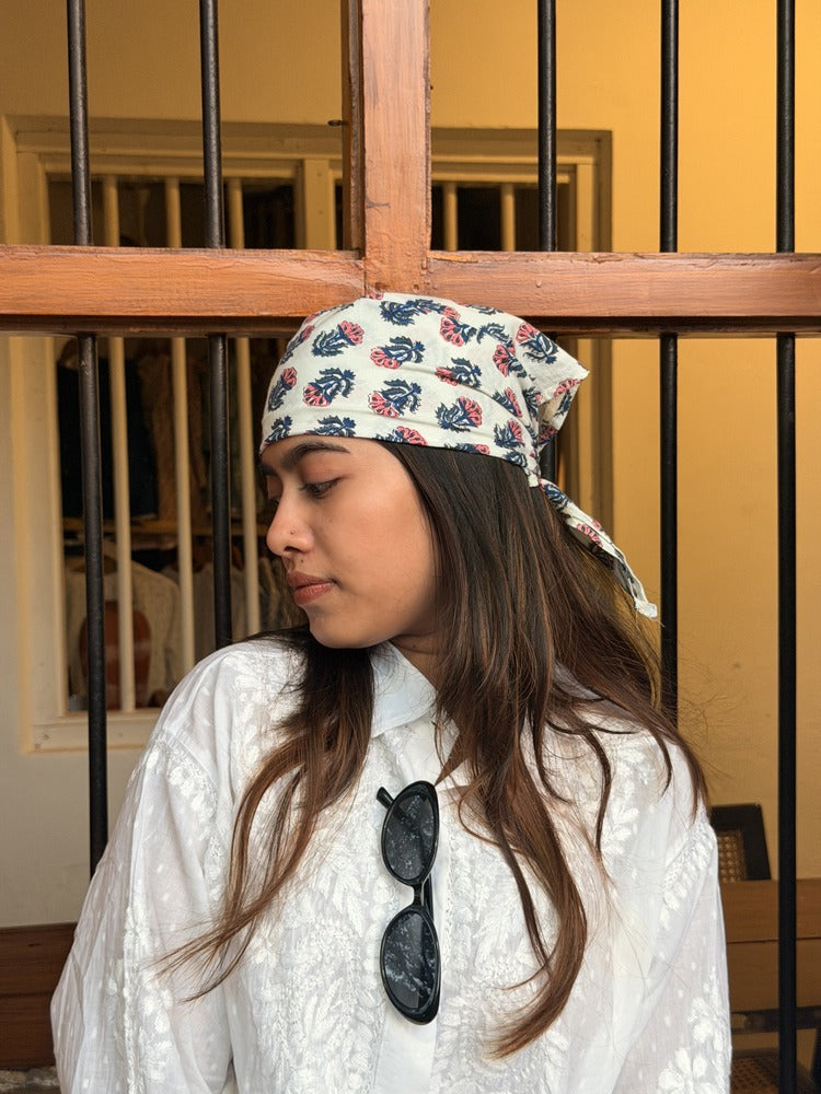Saanjh - Hand Block Printed White Head Scarf