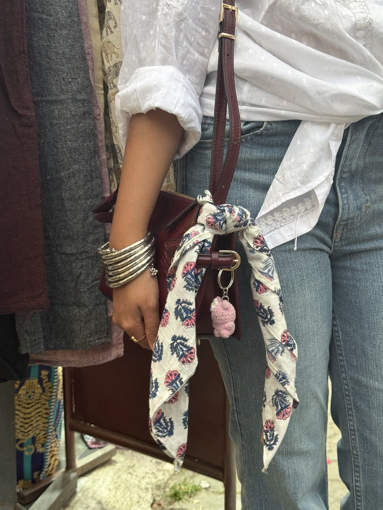 Saanjh - Hand Block Printed White Head Scarf