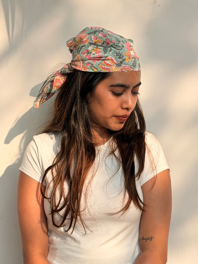 Saanjh - Hand Block Printed White Head Scarf