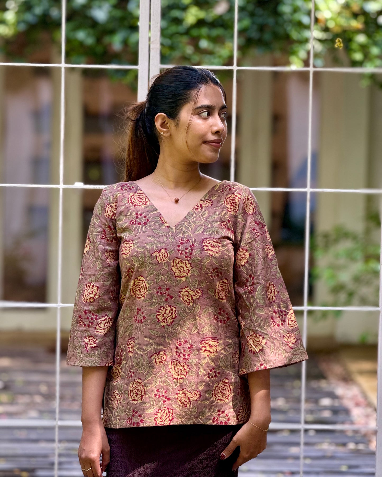 Narmaa - Hand Block Printed Brown Short Kurti (with sleeves)