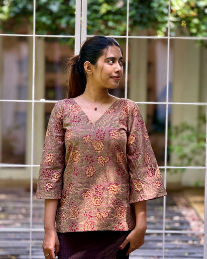 Narmaa - Hand Block Printed Brown Short Kurti (with sleeves)