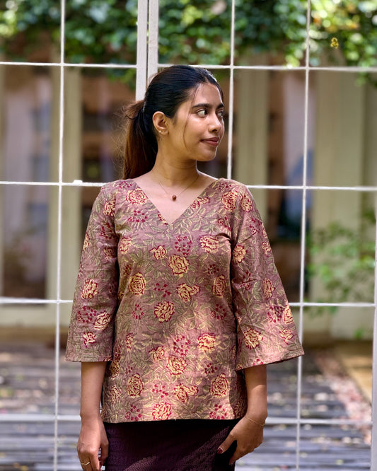 Narmaa - Hand Block Printed Brown Short Kurti (with sleeves)