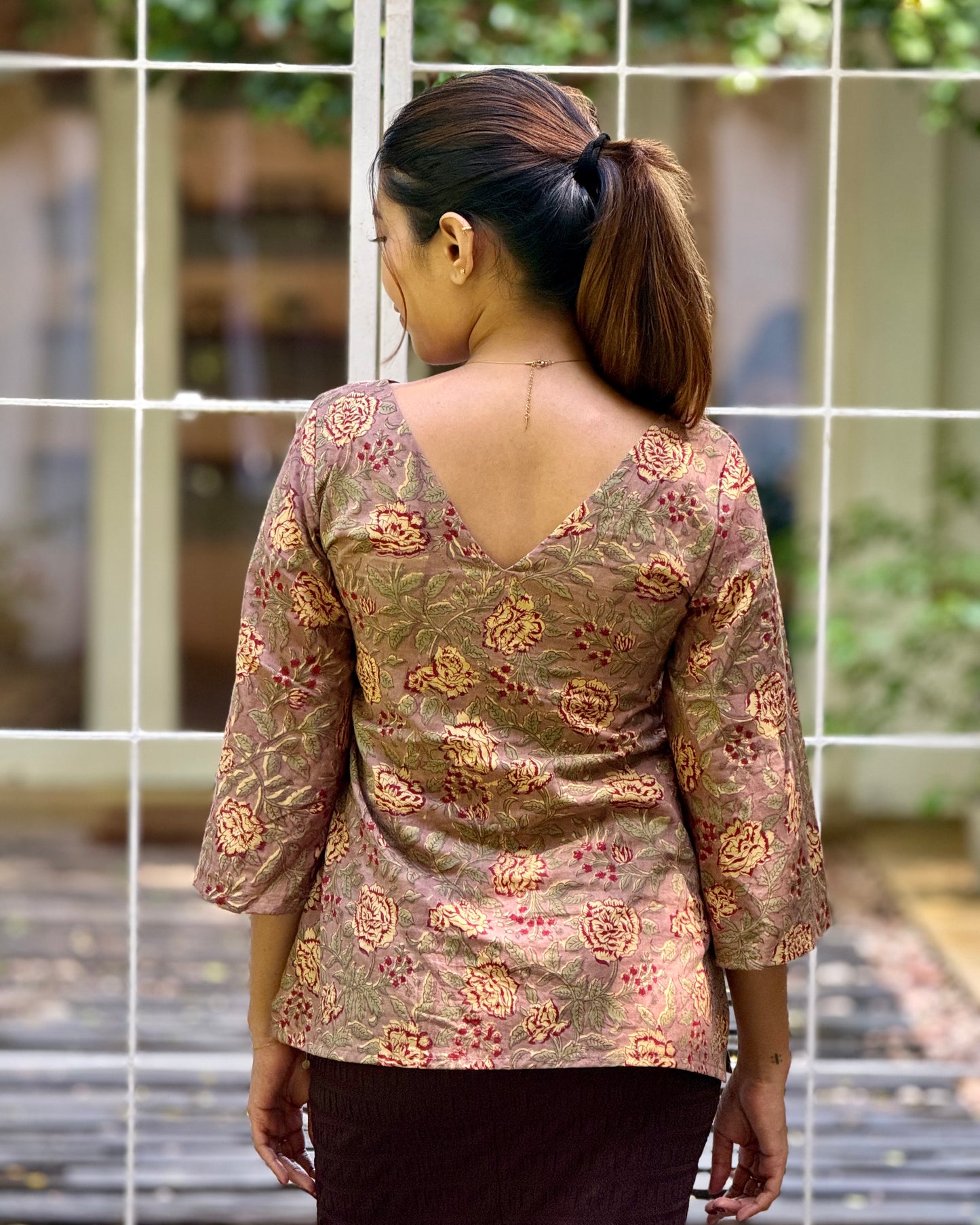 Narmaa - Hand Block Printed Brown Short Kurti (with sleeves)